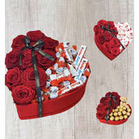  Vörös Rózsa szív alakú box 10 szálas, választható desszerttel